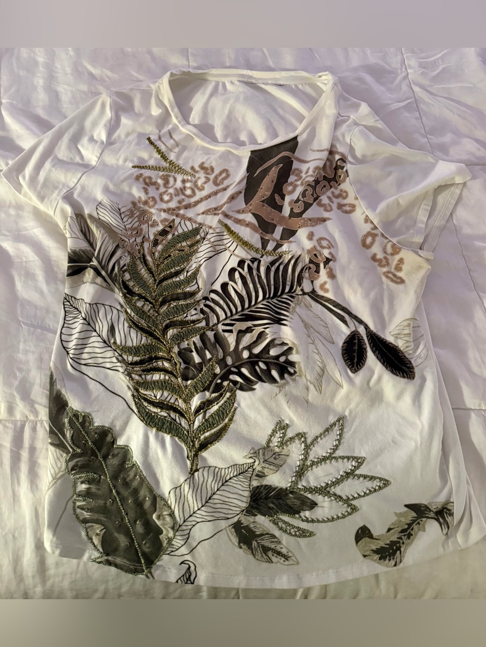 Chico's White Tank Top with Green and Black Botanical Embellishments